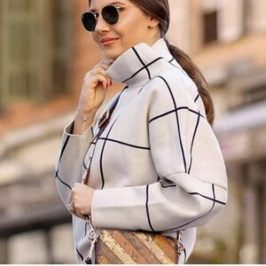 Chicwish Wool Blend Grid Windowpane Turtleneck 3/4 Sleeve Sweater